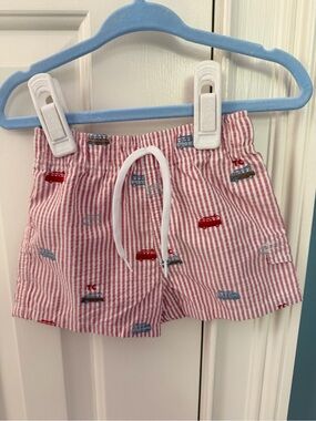 Tartine et Chocolat Kids Red Striped Embroidered Car Shorts Swim Trunks 1